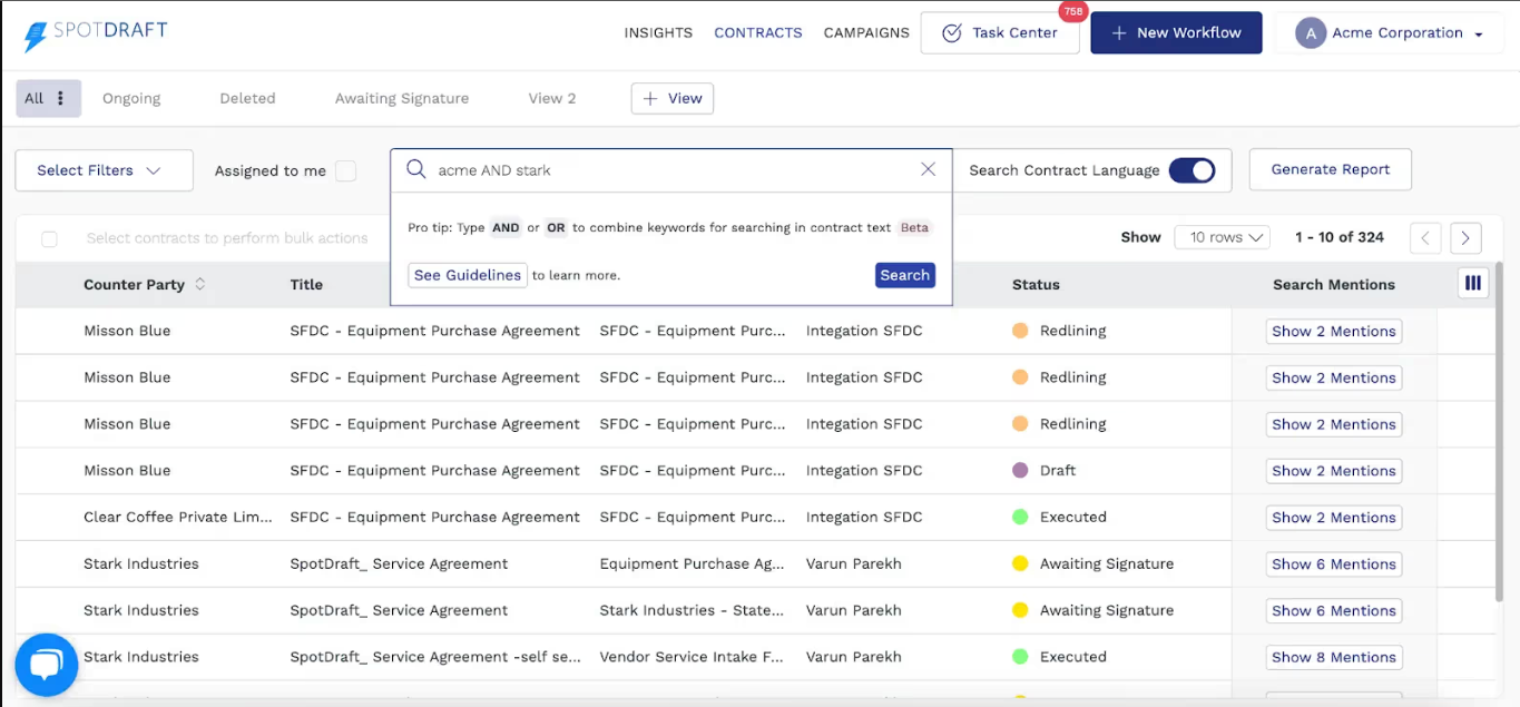 Dashboard of SpotDraft